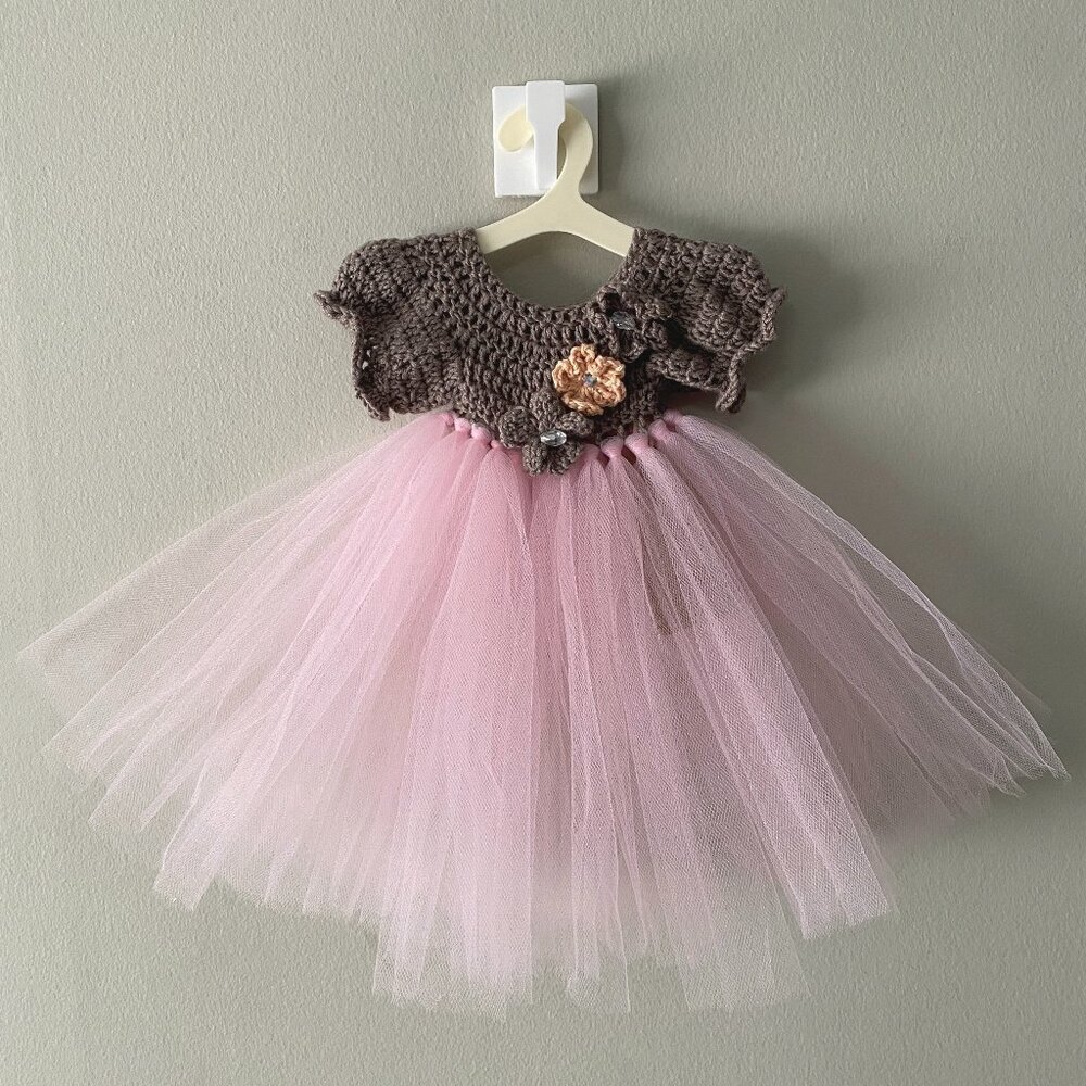 Handmade Cotton Crochet Taupe Light Pink Tulle Doll Teddy Bear Tutu Dress